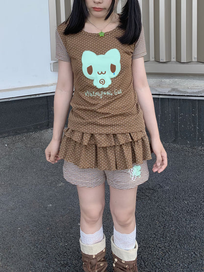CokoStore - Brown Polka Dot Clover Embroidered Skort skirt coko store