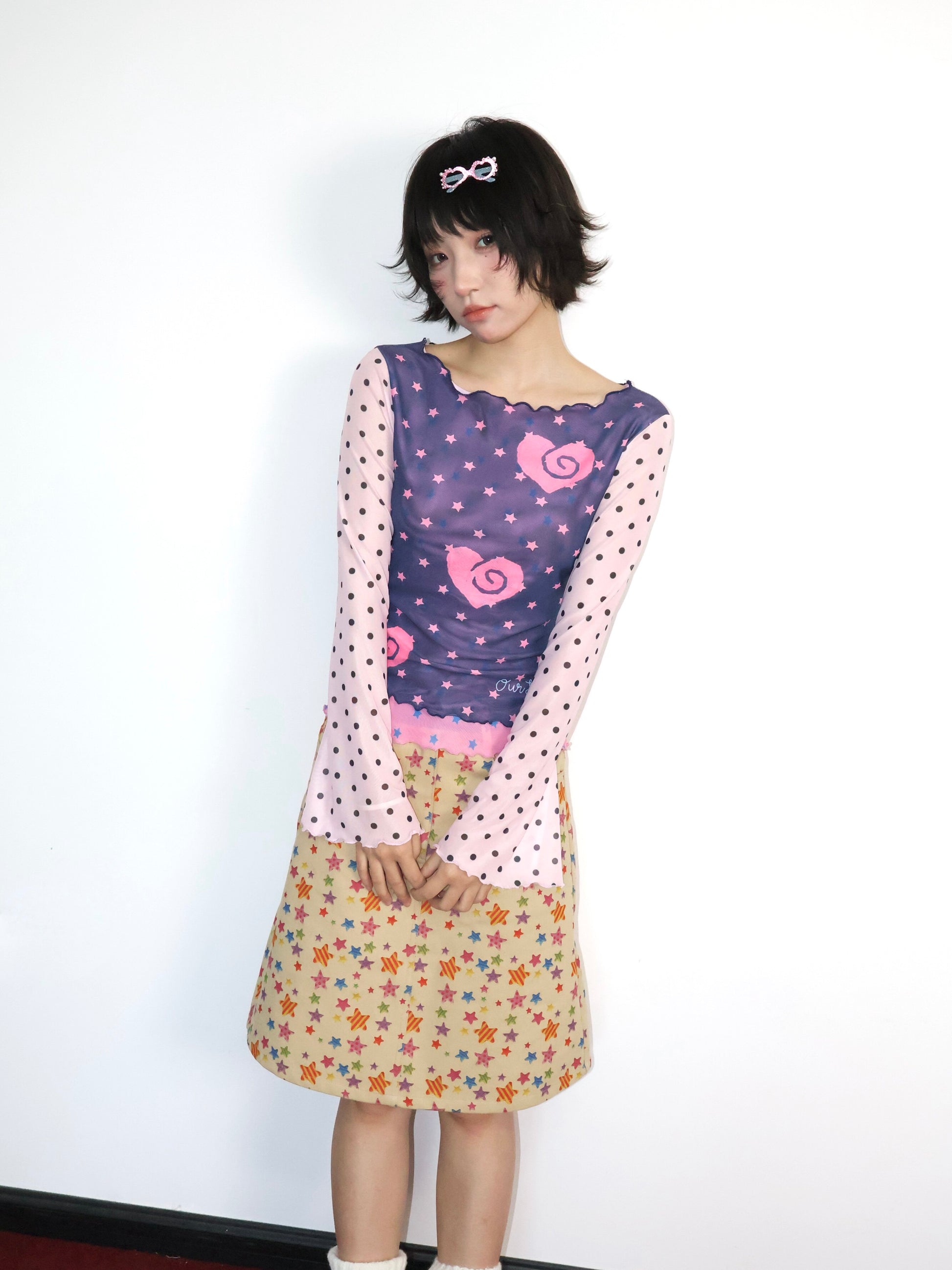 OurHappy - Blue Polka Mesh Top shirt Our Happy