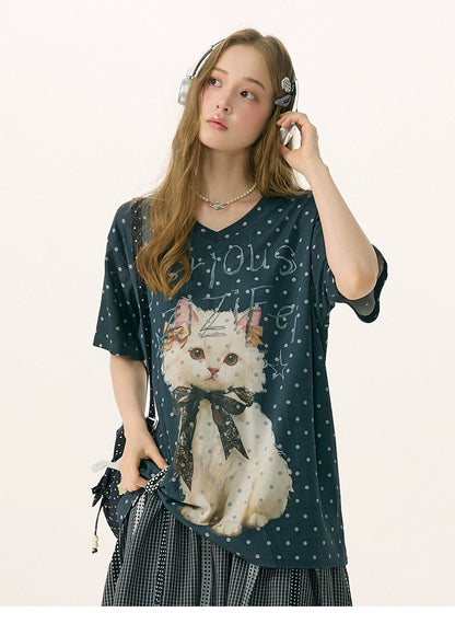 ziziFei - California Dream Cat Print V-Neck Tee tshirt ziziFei