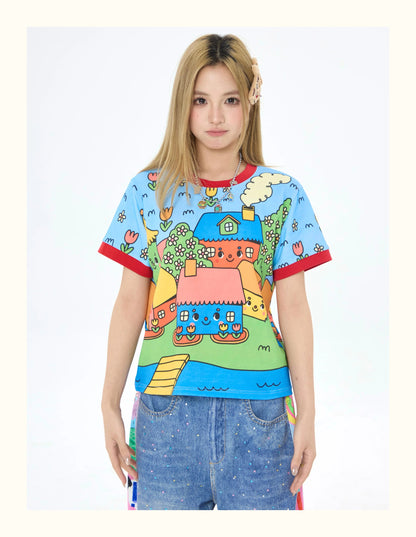 Robootoo - Blue Cartoon Town Print T-Shirt tshirt Robootoo