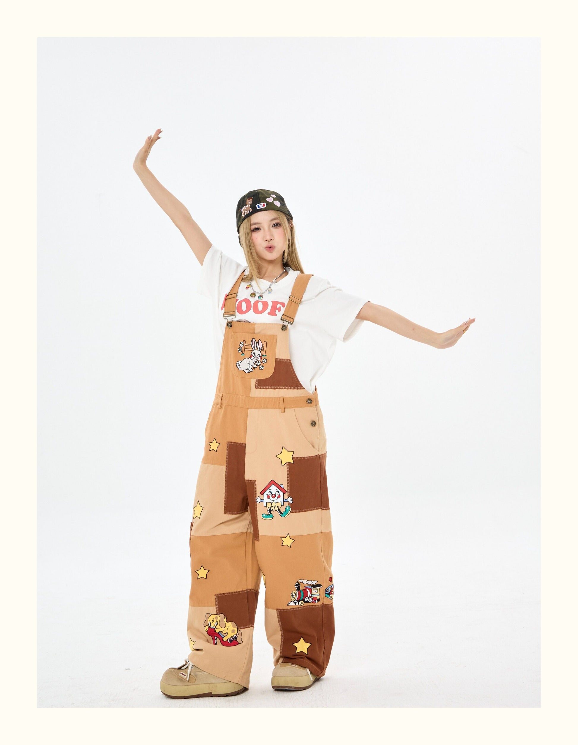 Robootoo - Brown Patchwork Embroidered Wide Leg Overalls overall Robootoo