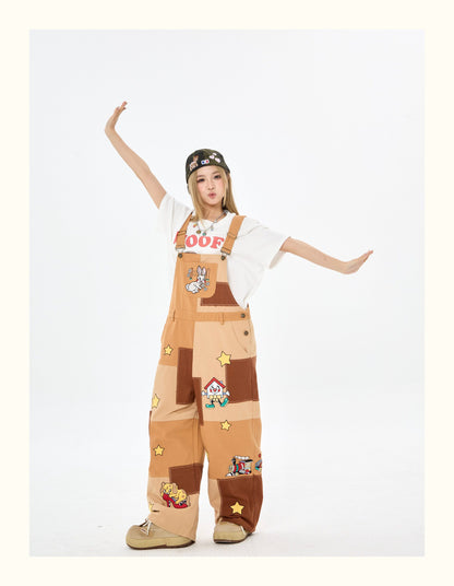 Robootoo - Brown Patchwork Embroidered Wide Leg Overalls overall Robootoo