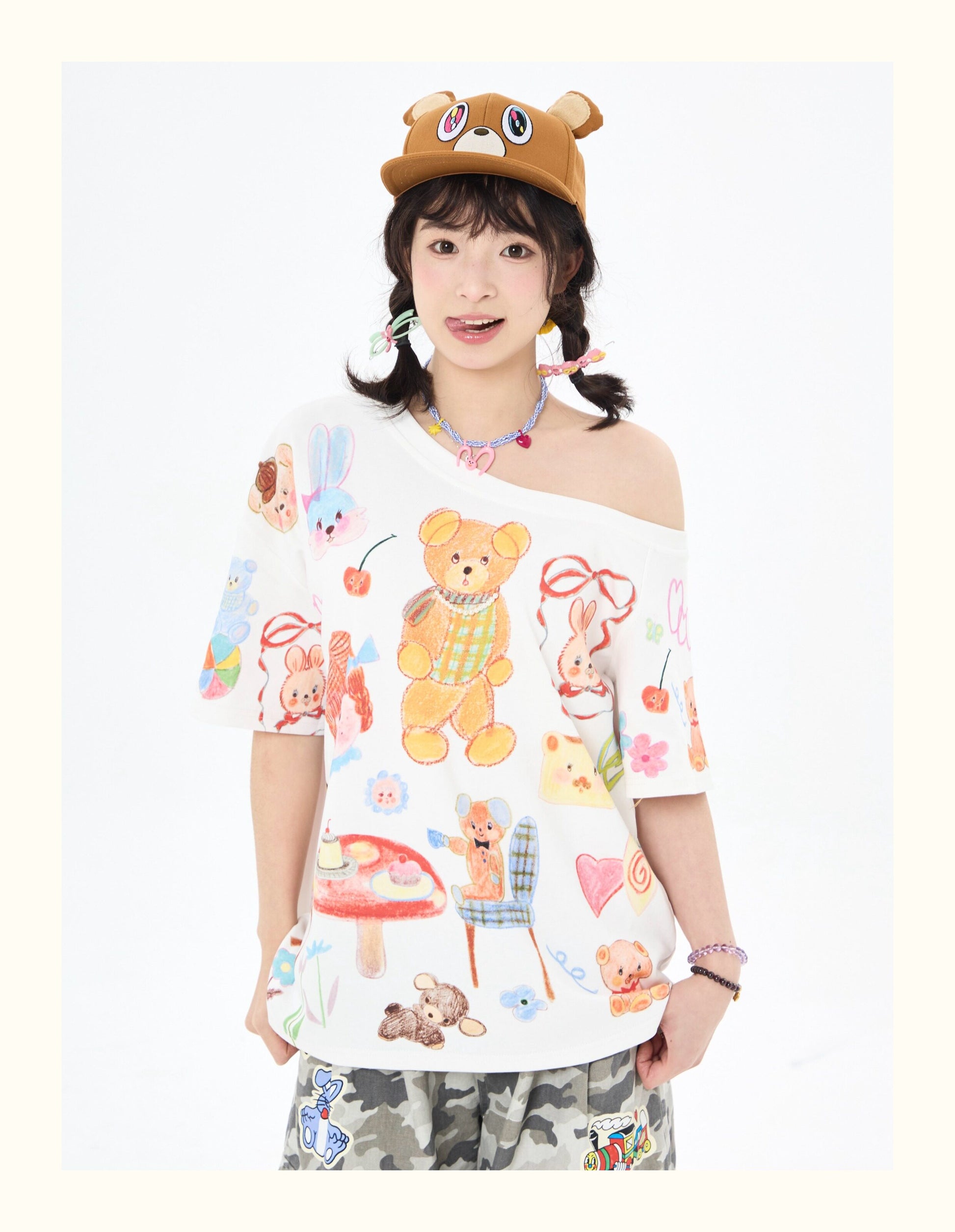 Robootoo - White Bear Tea Party Off-Shoulder T-Shirt tshirt Robootoo S