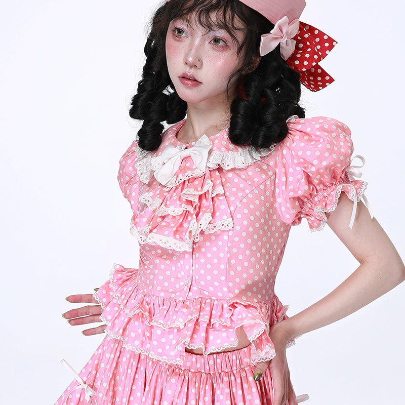 SOS MEME CLUB - Showa Vintage Kawaii Pink Polka Dot Shirt blouse SOS MEME CLUB