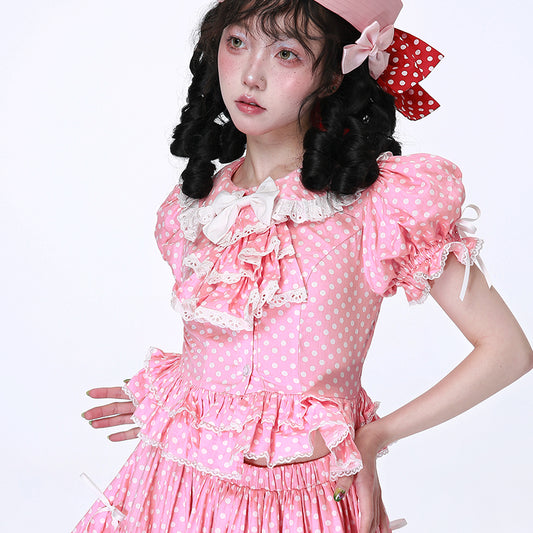 SOS MEME CLUB - Showa Vintage Kawaii Pink Polka Dot Shirt blouse SOS MEME CLUB
