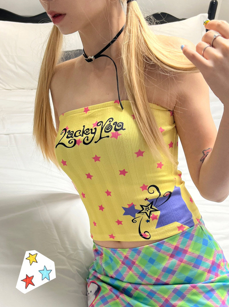 Oogreenapple - Yellow Star Print Crop Tube Top camisole Oogreenapple