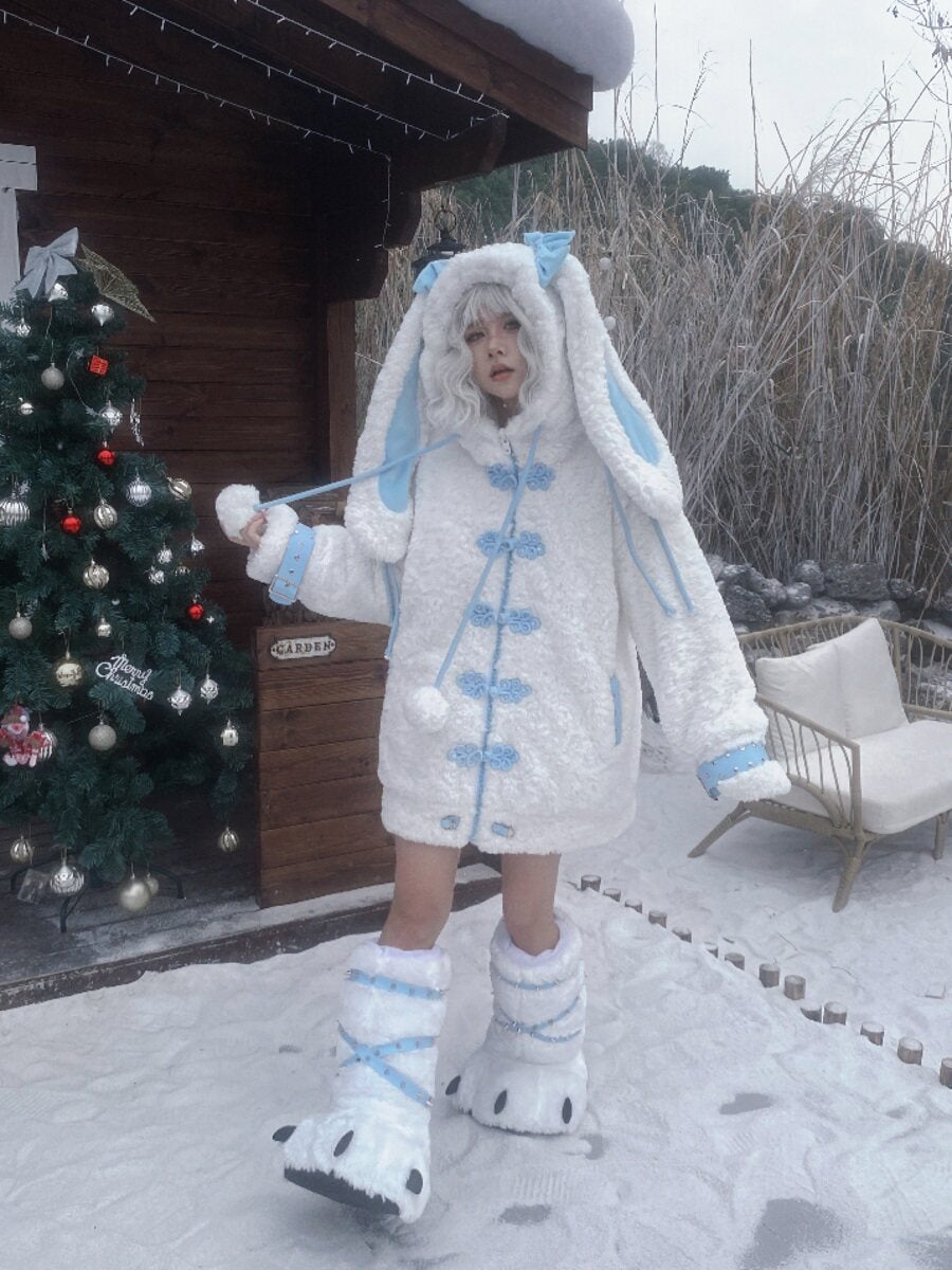 Three Poisons - Bunny Ear Plush Y2K Puffer Jacket coat Three Poisons White Blue