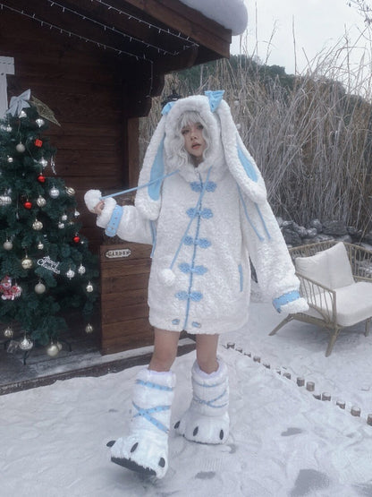 Three Poisons - Bunny Ear Plush Y2K Puffer Jacket coat Three Poisons White Blue