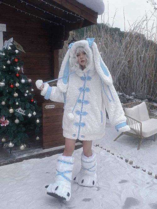 Three Poisons - Bunny Ear Plush Y2K Puffer Jacket coat Three Poisons White Blue