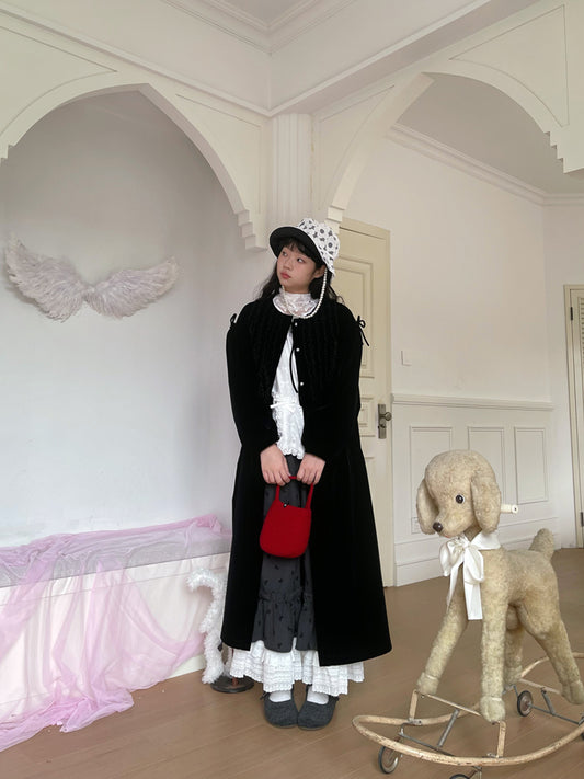 daytoday everyday institute - Girly Fashion Velvet Ruffle Vintage Long Coat Trench Trench daytoday everyday institute