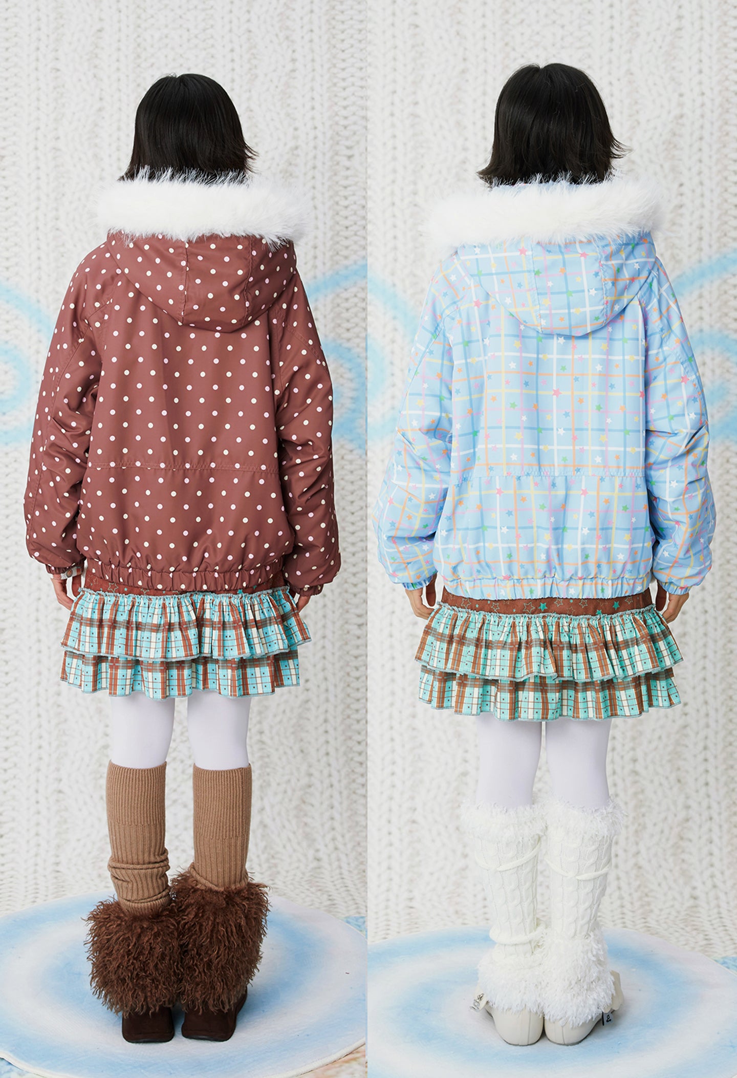 frufru - Kawaii Blue Brown Printed Hooded Jacket Warm Plush-Lined Winter Coat coat frufru