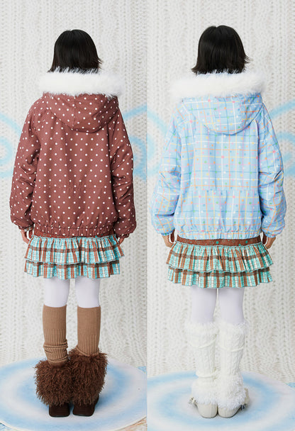 frufru - Kawaii Blue Brown Printed Hooded Jacket Warm Plush-Lined Winter Coat coat frufru
