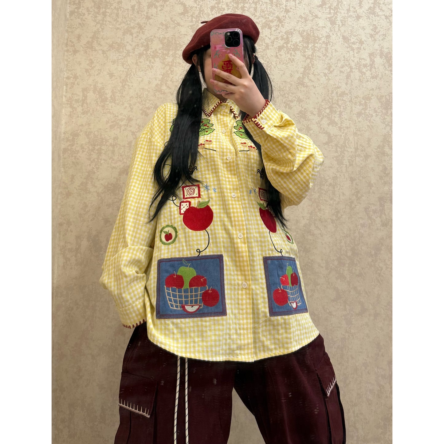 BIBULU - Kidcore Apple Embroidery Plaid Shirt shirt BIBULU