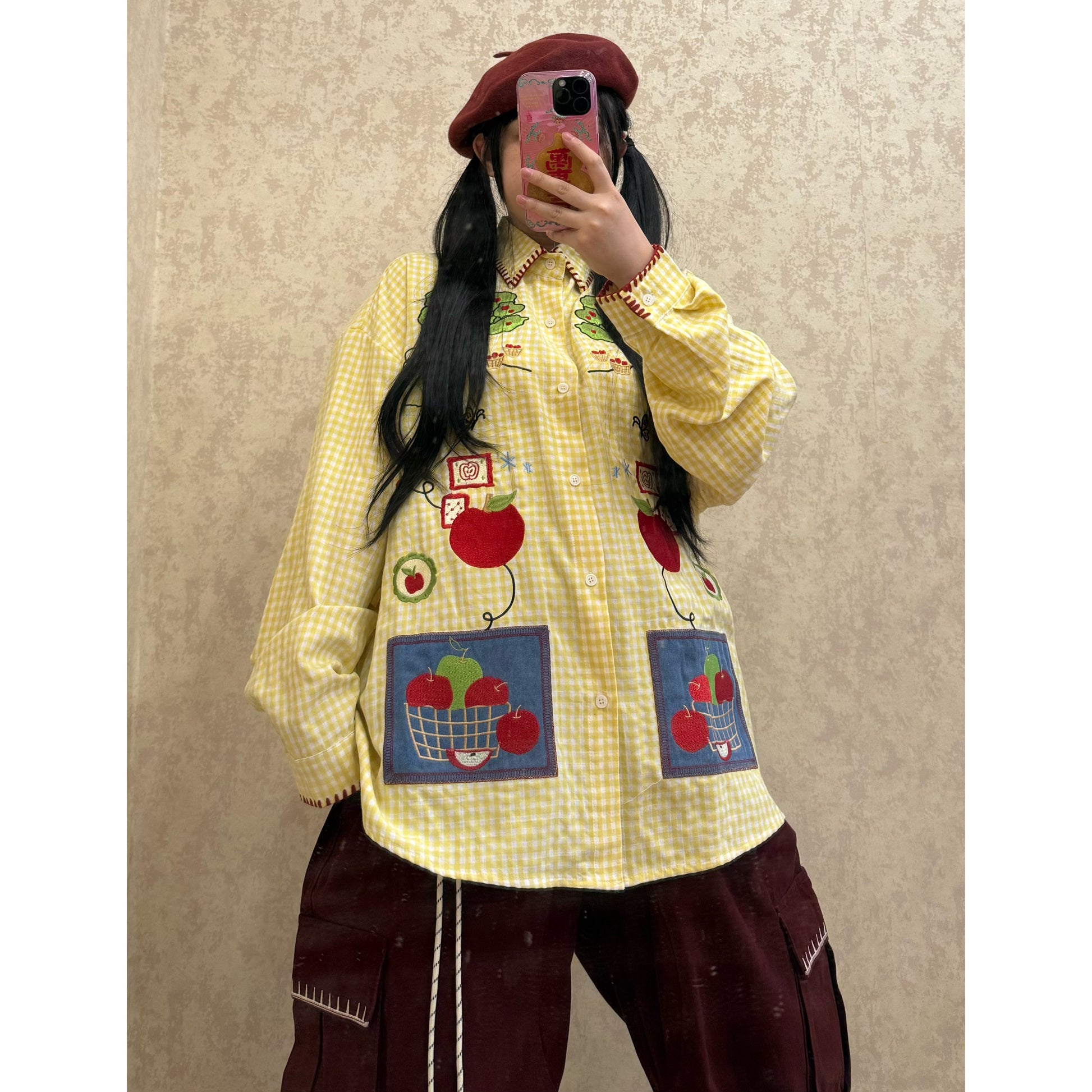 BIBULU - Kidcore Apple Embroidery Plaid Shirt shirt BIBULU
