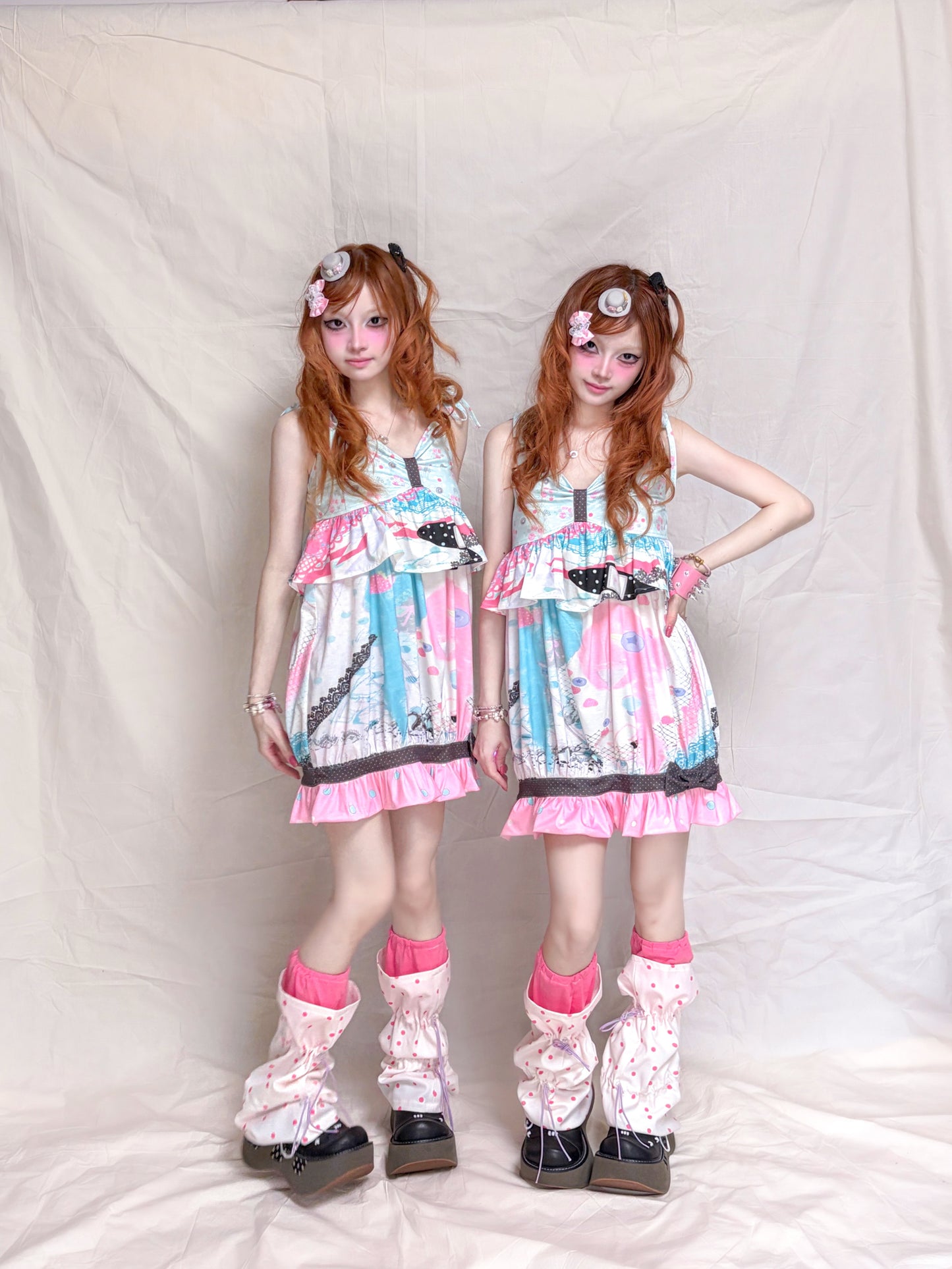 YJM with biubiu - Pink Polka Drawstring Socks leg warmmers YJM with biubiu