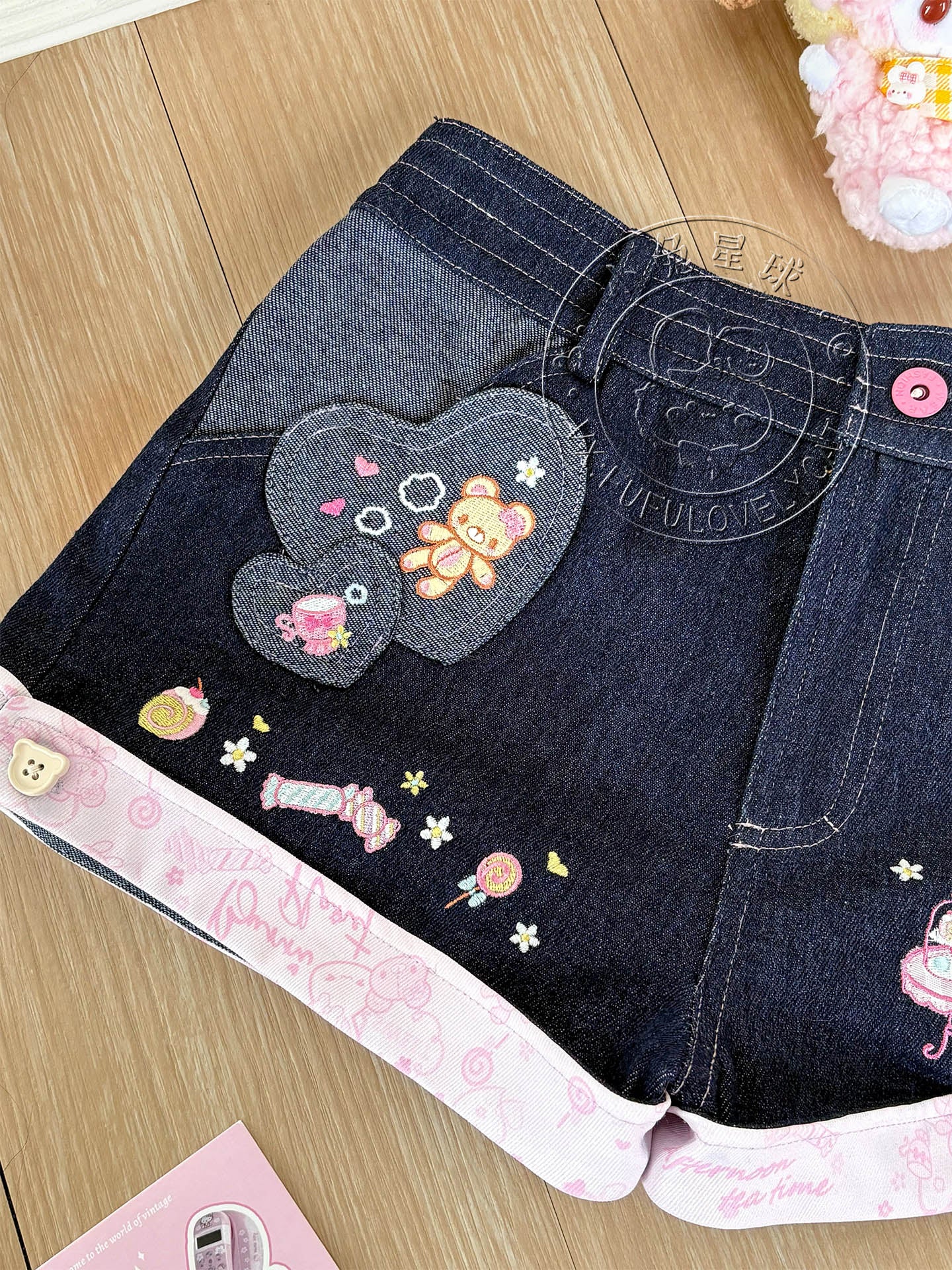Bunny Planet - Navy Bunny Embroidered Denim Shorts shorts bunnyplanet