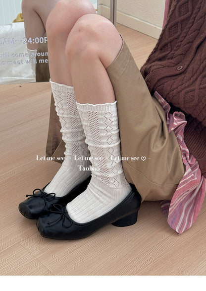 LET ME SEE 古早风镂空针织花边袜 木耳边芭蕾小腿袜女堆堆针织袜 sock let me see