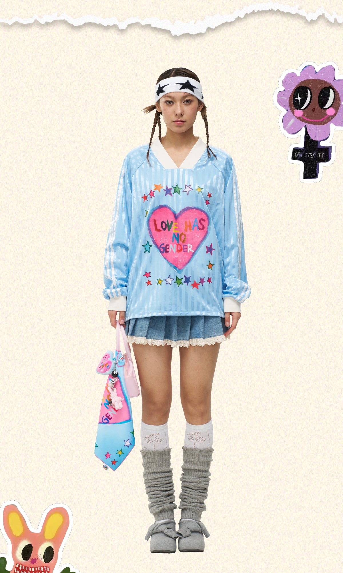 iscreamcolour MOF - Vintage Baseball Long Sleeve Tee Pink Heart Blue Stripe shirt iscreamcolour