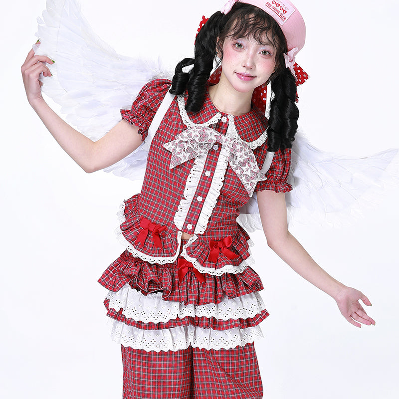 SOS MEME CLUB - Showa Red Plaid Short Sleeve Shirt blouse SOS MEME CLUB