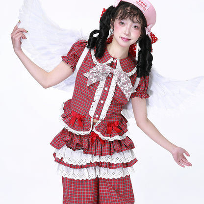 SOS MEME CLUB - Showa Red Plaid Short Sleeve Shirt blouse SOS MEME CLUB