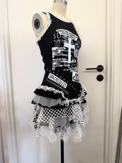 RedDevil朋克蕾丝不规则拼接背心连衣裙女亚文化视觉系背心裙 dress Red Devil
