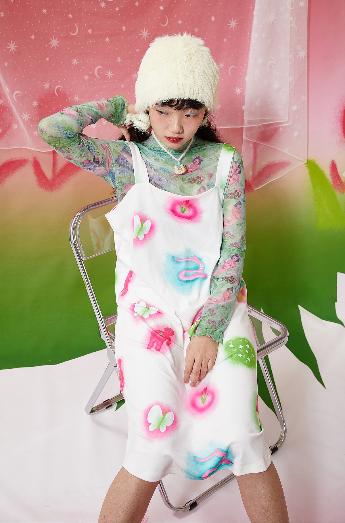 Harajuku Undershirt Green Floral Snake Shirt Long Sleeve Hand Painted Undershirt shirt Moon Meadow