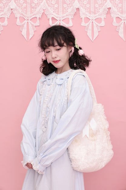 SemenCoicis - Kawaii Embroidered Dress - Blue Cotton Lace Trim dress SemenCoicis