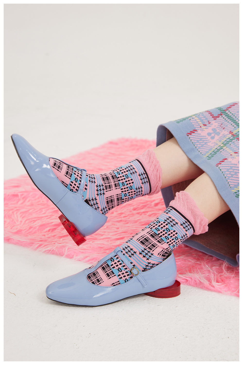 tntntutu Decora Kei Socks | Pink & Black Plaid Socks | Ruffle Bubble Mid-Calf Socks sock tntntutu