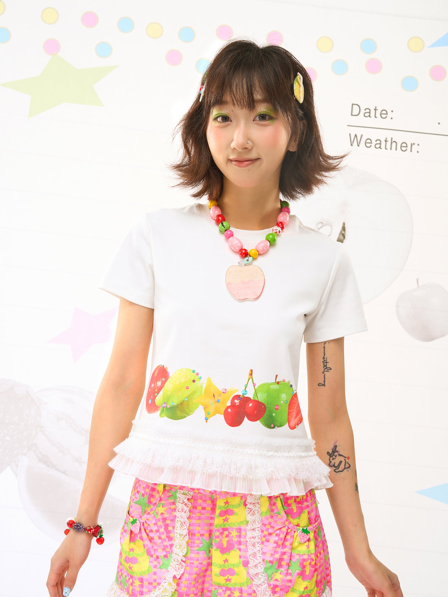 FRUITS Print Cami | Lace‑Hem Tee | White Sleeveless Shirt tshirt Fruits