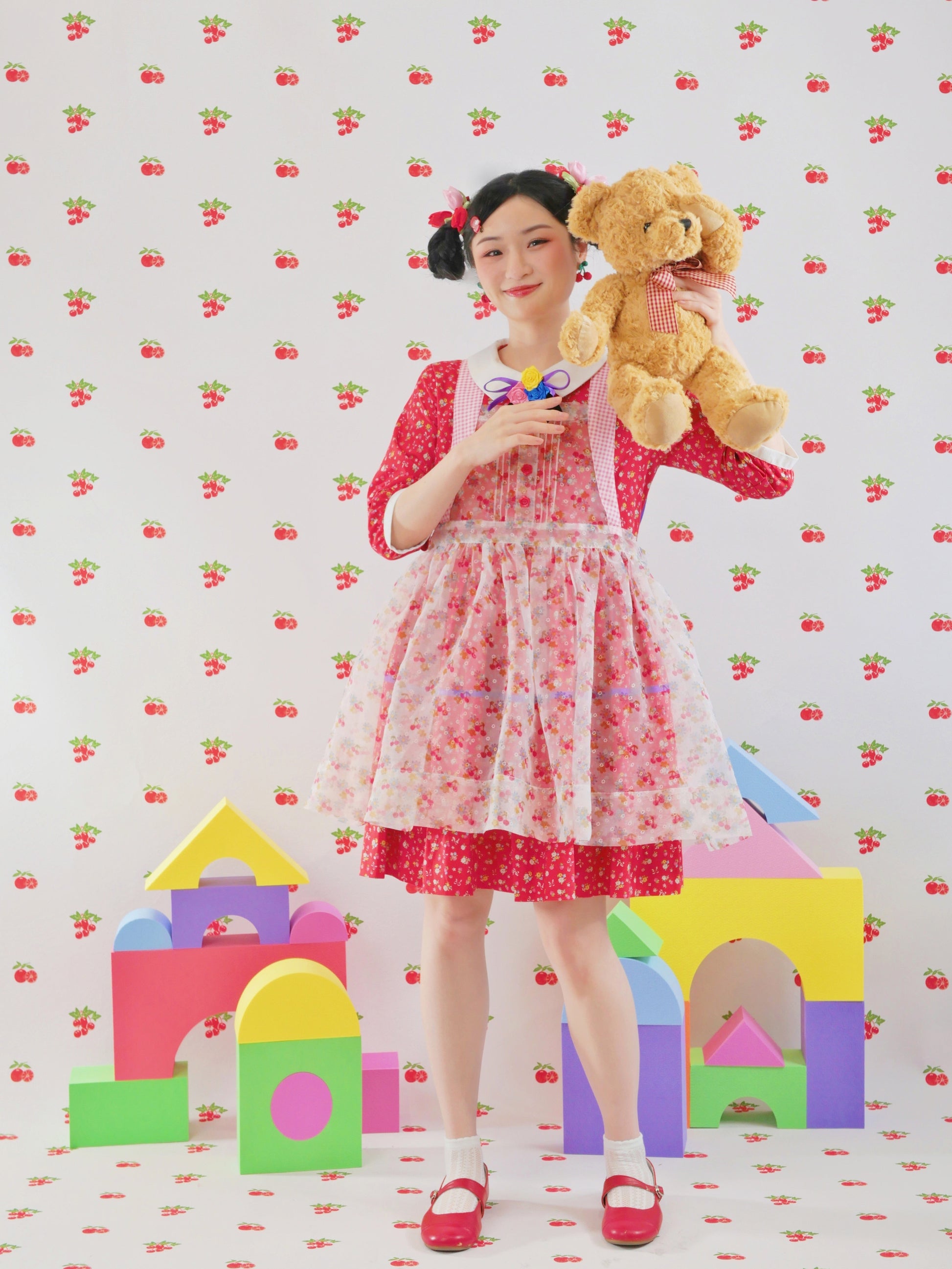 GOODBABY - Sheer Cherry Puff Cover Top overskirt dress