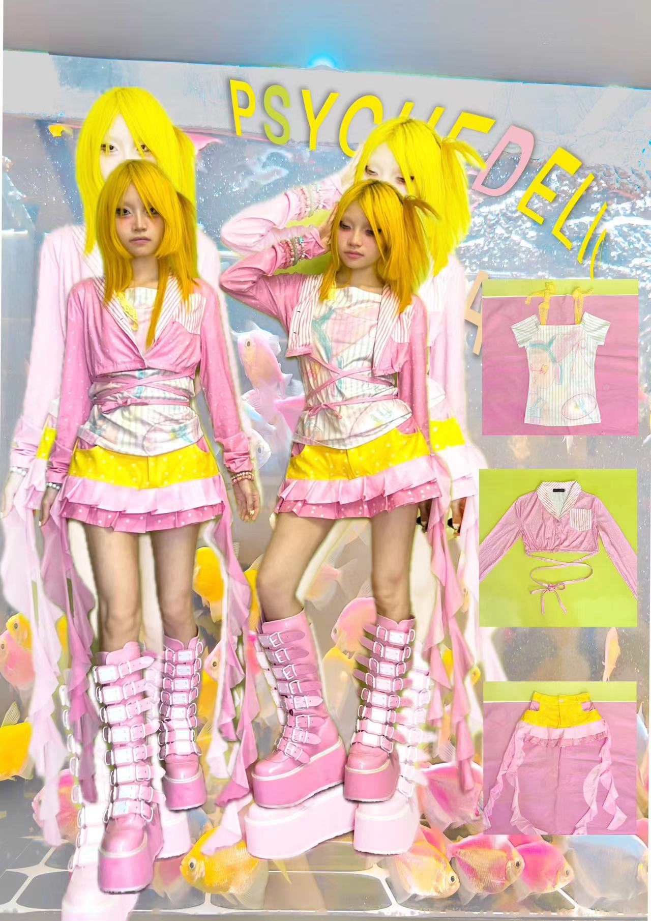 YJM with biubiu Pink Polka Dot Jacket | Striped Patchwork Tie-Up Short Jacket jacket YJM with biubiu