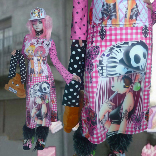 ki00bi00 - Pirate Plaid Cartoon Maxi Skirt skirt ki00bi00