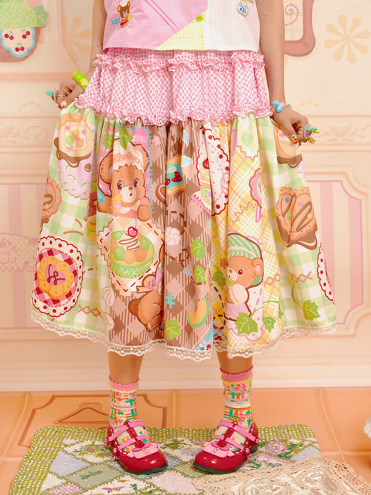 Lutra Jump - Decora Kei Bear Print Patchwork Skirt skirt Lutra Jump
