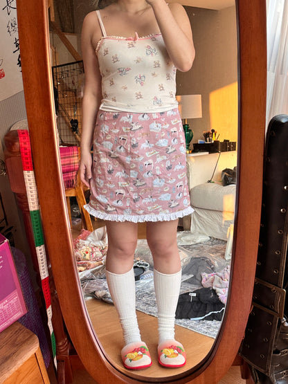 Romantic Rimande Café - Cat Print A-Line Mini Skirt