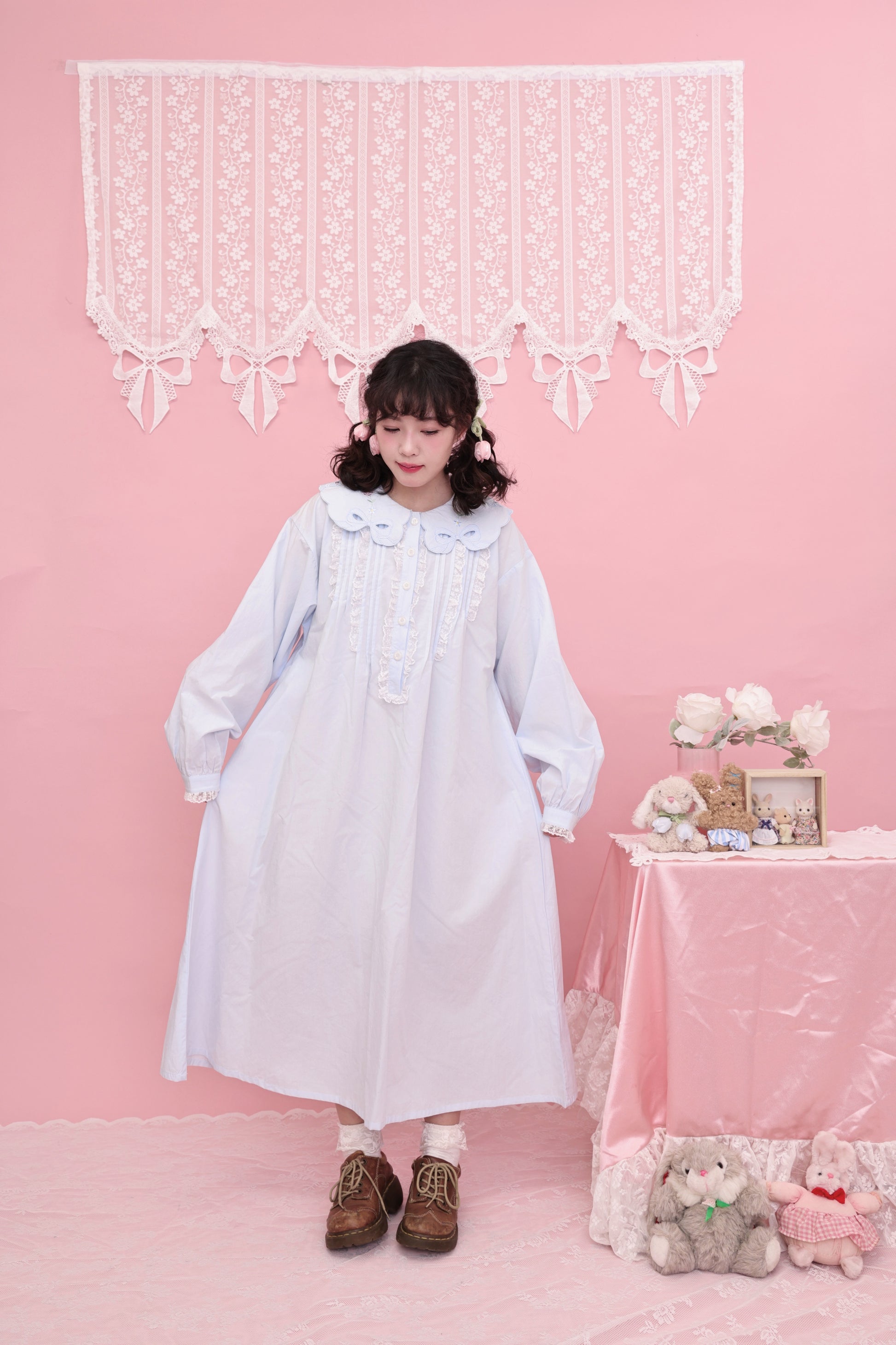 SemenCoicis - Kawaii Embroidered Dress - Blue Cotton Lace Trim dress SemenCoicis