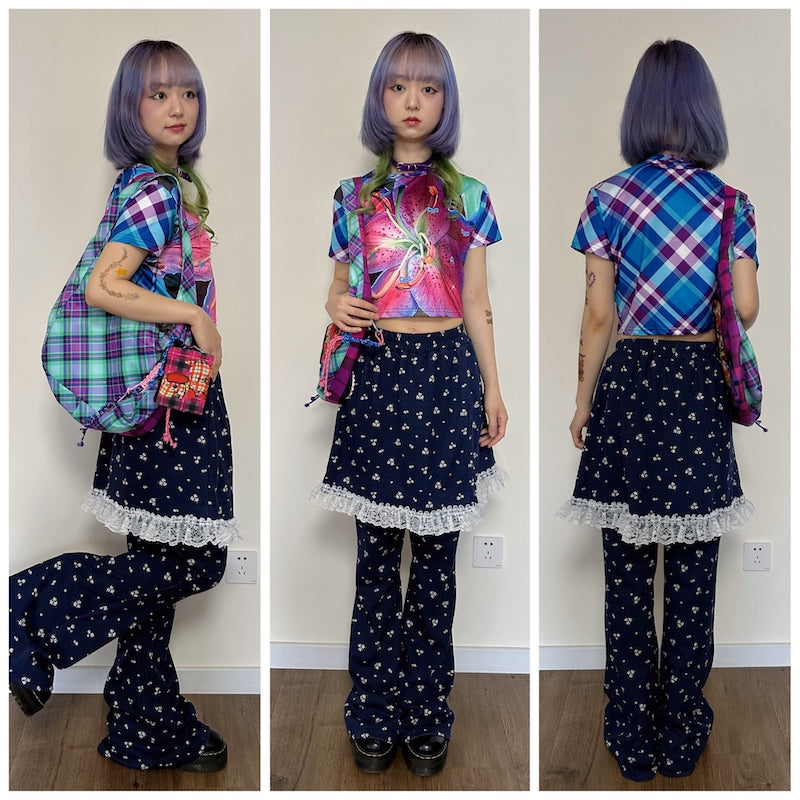 Decora Kei T-shirt – Vintage Plaid Round Neck tshirt bunnybunnygun