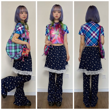 Decora Kei T-shirt – Vintage Plaid Round Neck tshirt bunnybunnygun