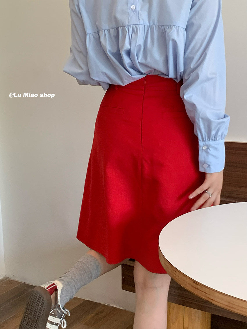 Lu Miao - Red Bow Pleated A-Line Skirt skirt Lu miao