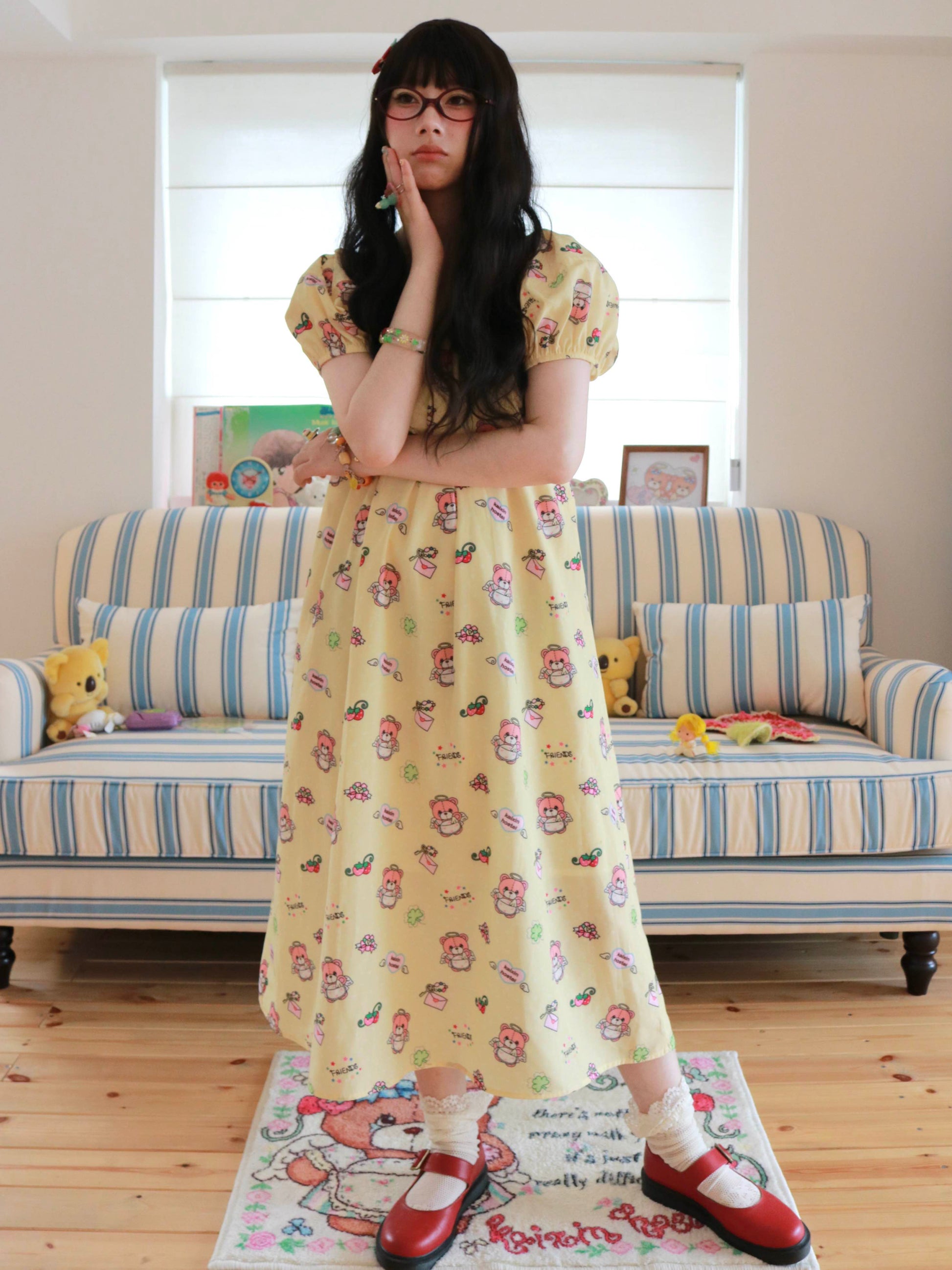 KaiXin Hostel - Bear Print Puff Sleeve Dress dress KaiXin hostel