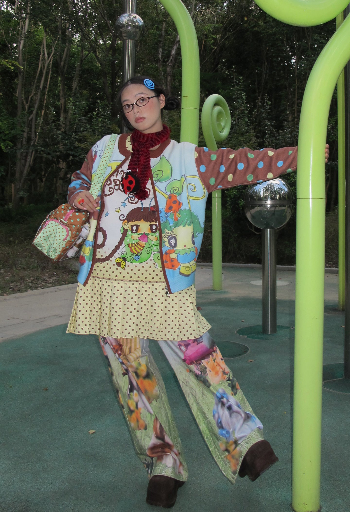 FruFru - Kawaii Knit Cardigan Blue Brown Printed Sweater cardigan frufru