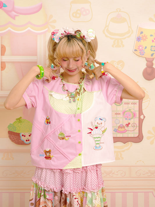 Lutra Jump - Decora Kei Pink Asymmetric Collar Embroidered Shirt shirt Lutra Jump