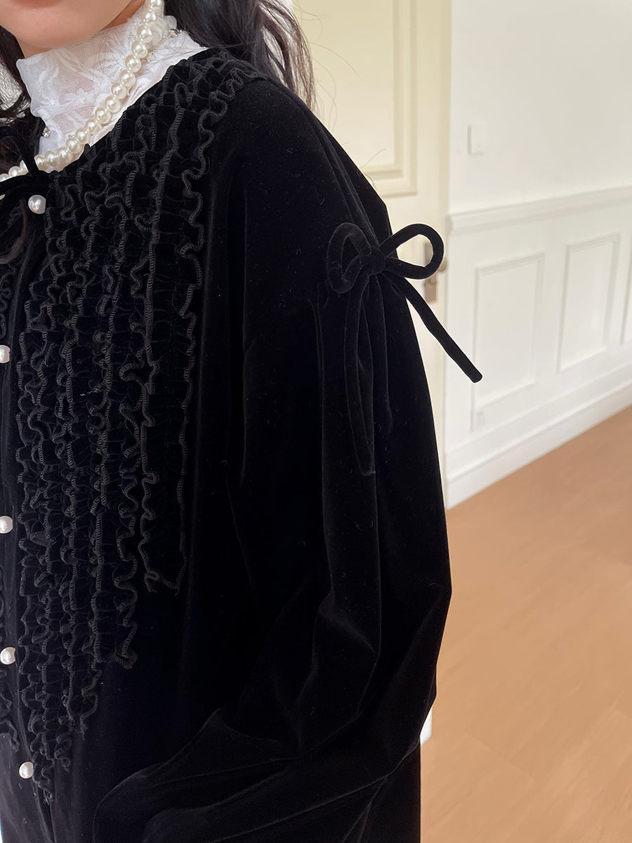 daytoday everyday institute - Girly Fashion Velvet Ruffle Vintage Long Coat Trench Trench daytoday everyday institute