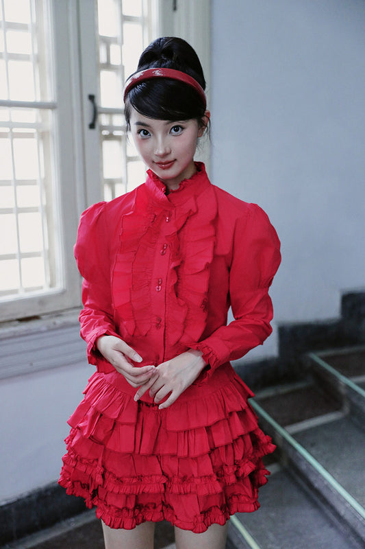 Nanjun Vintage - Lace Puff Sleeve Blouse & Cake Skirt Set set Nanjun Vintage