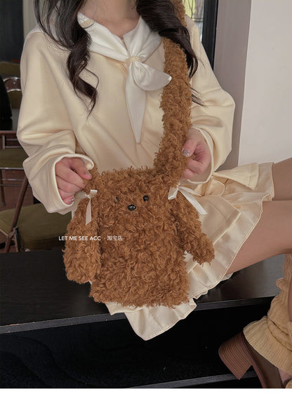 LET ME SEE - Plush Puppy Bow Crossbody Bag bag let me see Brown