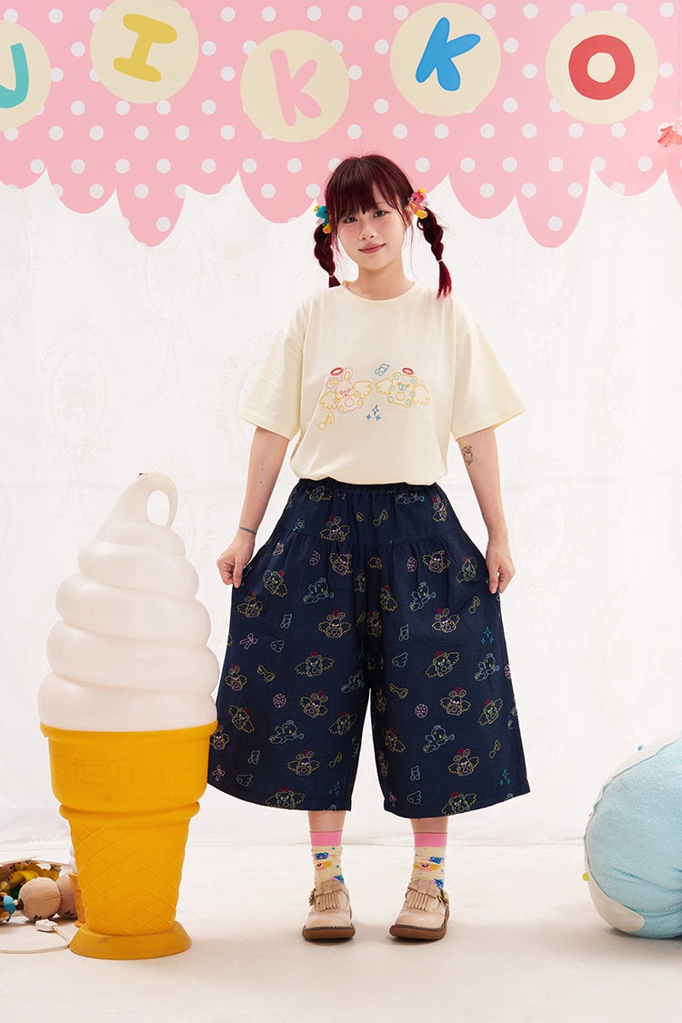 NIKKOU Kawaii Denim Cropped Pants | Harajuku Embroidered Capri Pants pants Nikkou home