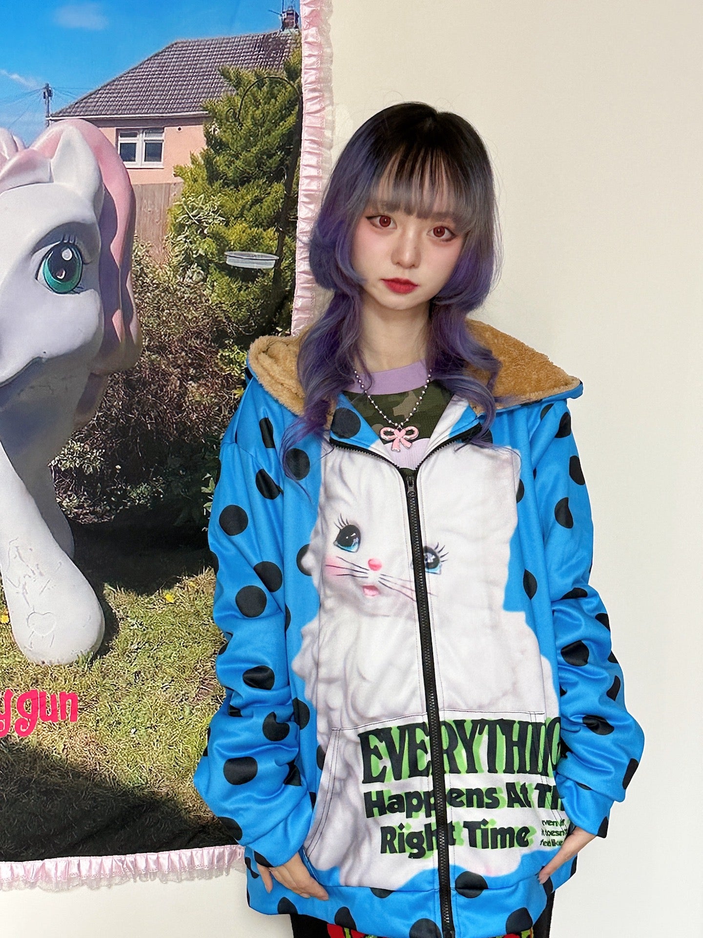 BunnyBunnyGun - Harajuku Polka Dot Oversized Fleece Zip Hoodie hoodie bunnybunnygun