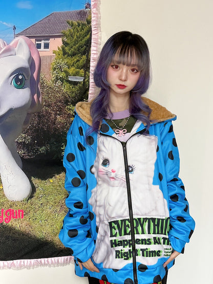 BunnyBunnyGun - Harajuku Polka Dot Oversized Fleece Zip Hoodie hoodie bunnybunnygun