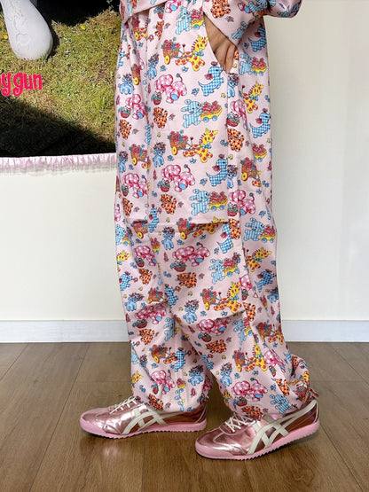 BunnyBunnyGun - Harajuku Vintage Animal Sweatpants Pink Fleece Loose pants bunnybunnygun