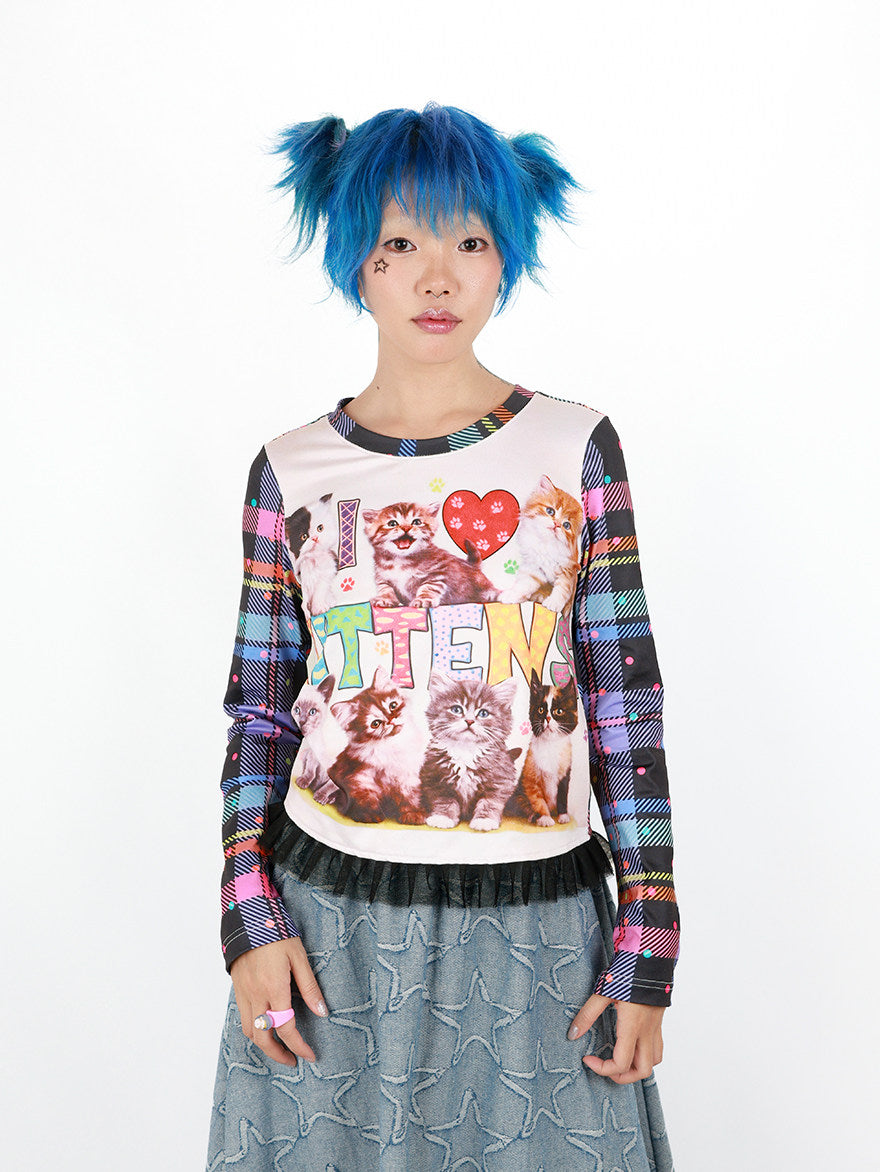 Nihonkids - I Love Cats Plaid Long Sleeve Tee shirt NIHON KIDS
