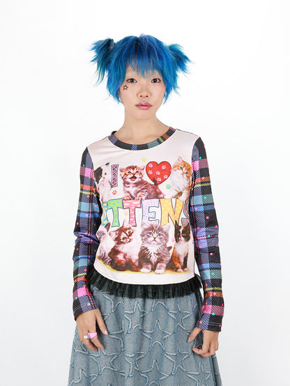 Nihonkids - I Love Cats Plaid Long Sleeve Tee shirt NIHON KIDS